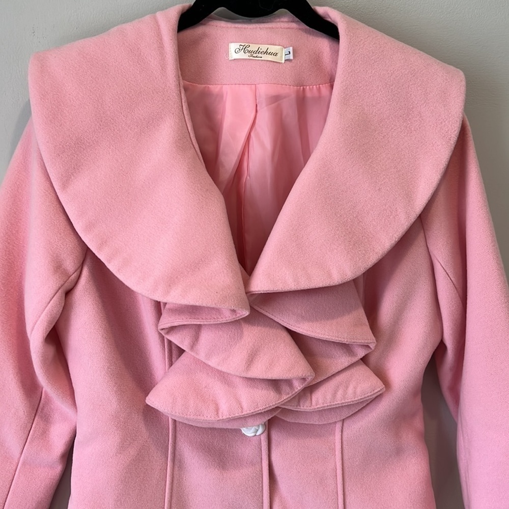 Pink Lolita 3/4 length jacket with lotus blossom collar wool viscose blend - Picture 5 of 14